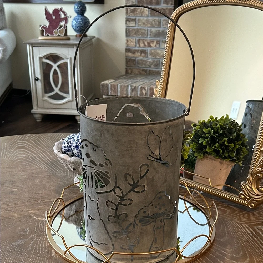 NEW! LARGE Cottage Garden Mushroom & Butterfly Rustic Galvanized Metal Lantern